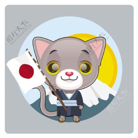 日本国旗背景的猫插图