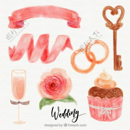 美味的蛋糕和水彩画的装饰要素婚礼