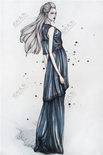 深蓝色长裙设计图