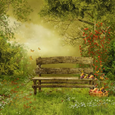 木椅子水果与草地风景图片