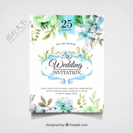 蓝色浪漫水彩花卉背景婚礼海报