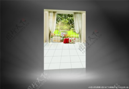 窗户窗帘与枕头影楼摄影背景图片