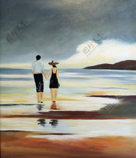 海边情侣油画图片