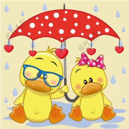 雨伞下可爱卡通动物鸭子矢量图素材