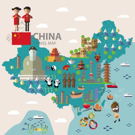 卡通中国旅游海报矢量素材下载
