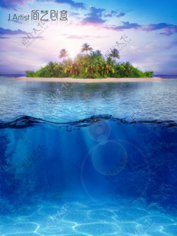 椰树绿洲水底世界创意设计海洋天空海岛