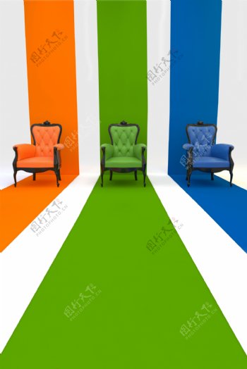 橙绿蓝三色与椅子影楼摄影背景图片