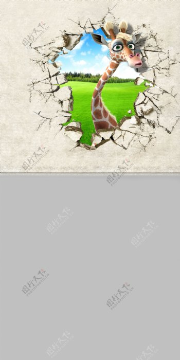 撞破墙壁的长颈鹿影楼摄影背景图片