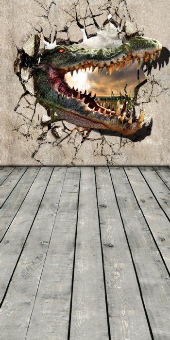 墙后面的凶猛恐龙影楼摄影背景图片