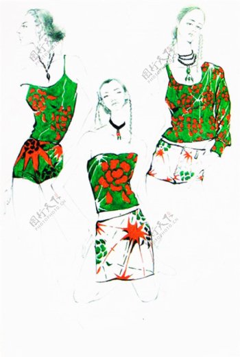 三款绿色花朵女装设计图