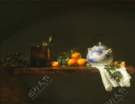 橘子茶壶静物油画图片