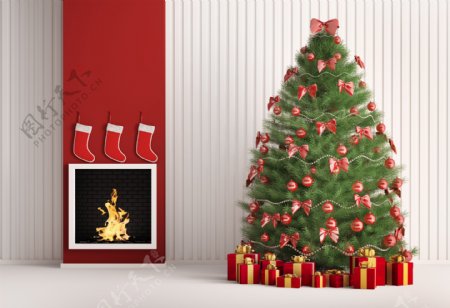 红色壁炉和圣诞树图片