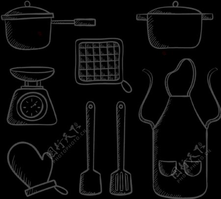 手绘线描风格厨房用品免抠png透明素材