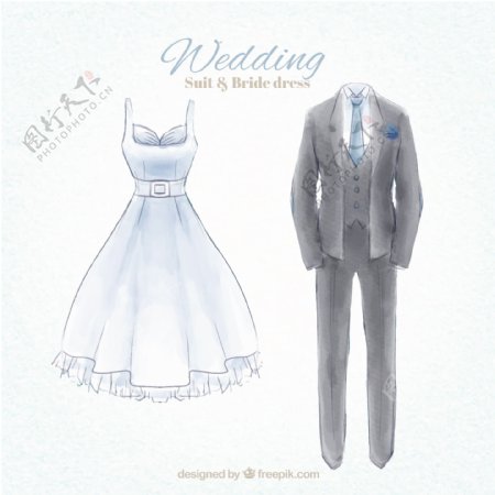 水彩绘婚纱和灰色礼服矢量素材