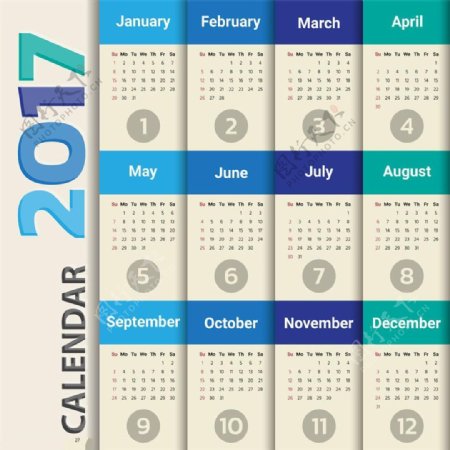 蓝色标签2017年日历图片