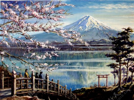 油画富士山图片