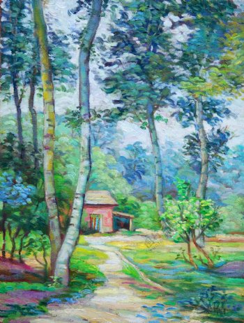 树林里的小屋子油画图片
