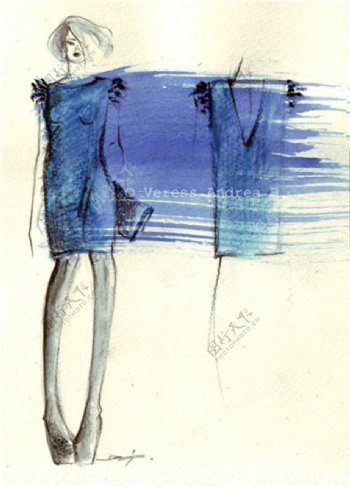 蓝色笔刷女装设计图