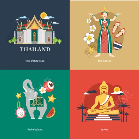 创意卡通泰国旅游场景海报元素矢量素材