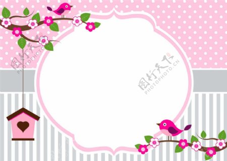 粉色植物花朵小鸟婚礼贺卡图片