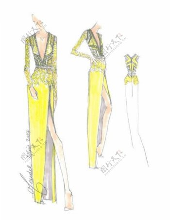 3款黄色连衣裙设计图