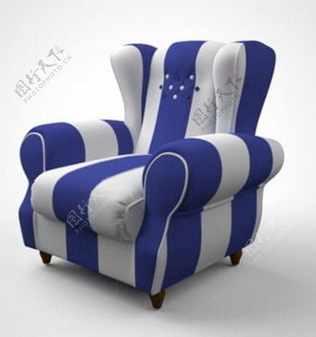 现代欧式单人蓝白条高背布艺沙发