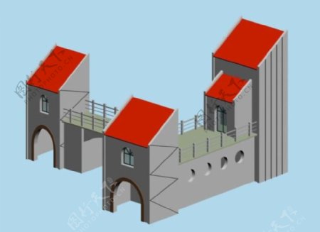 MAX红斜屋顶简模建筑3D模型