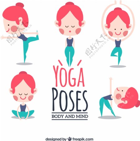 5款卡通女子瑜伽姿势矢量素材