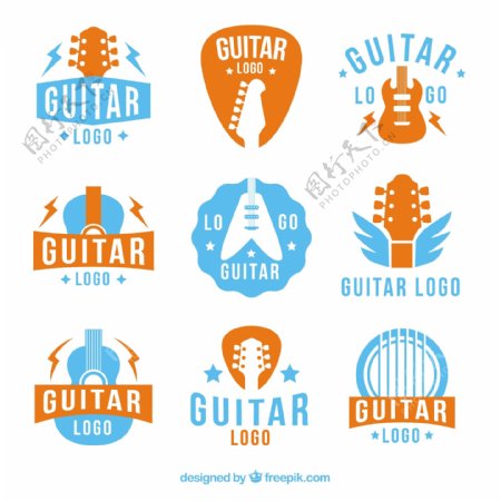 蓝色和橙色吉他标志集