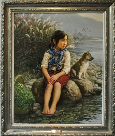 油画儿童与小狗图片