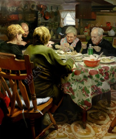 吃饭的老人油画图片