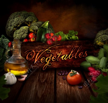 新鲜蔬菜与食用油图片
