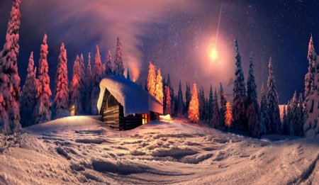 夜晚的房子与雪地图片
