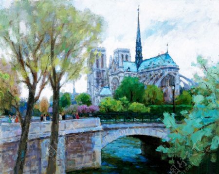拱桥和欧式建筑油画图片