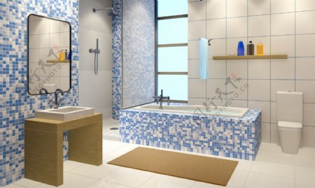 蓝色格子浴室装潢设计图片