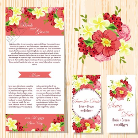红色花朵婚礼卡片矢量素材