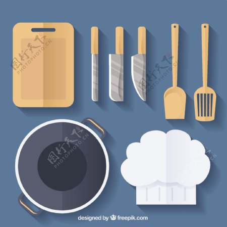 厨师帽和各种厨房厨具矢量素材