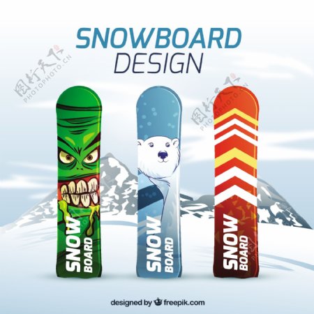 卡通滑雪板上的雪