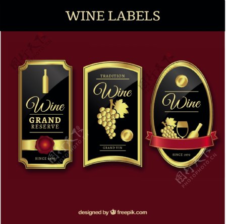 三个金色豪华葡萄酒标签