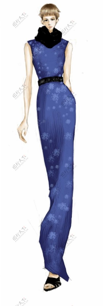 蓝色花纹长裙设计图