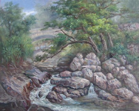 树木小溪油画图片