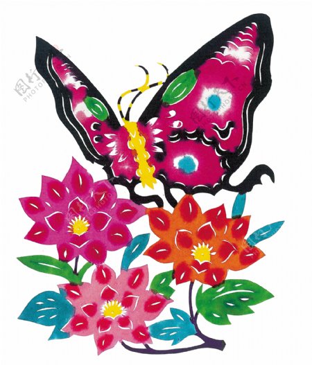 蝴蝶与鲜花剪纸图片