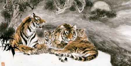 国画松树下的老虎图片