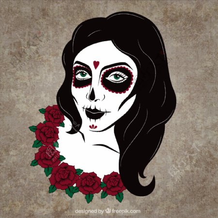 卡特里娜骷髅插画与玫瑰