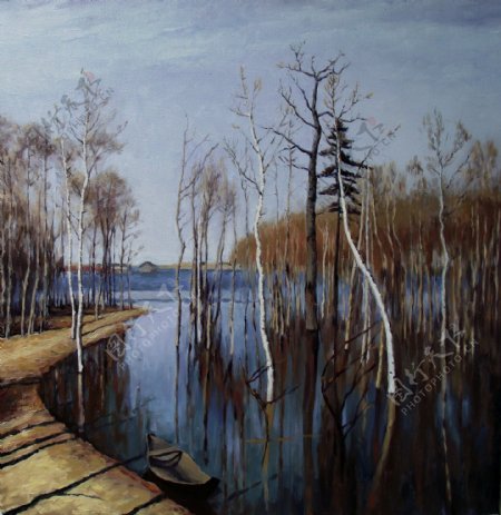 油画树木湖泊图片