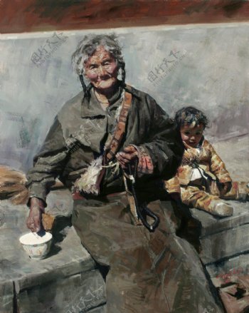 藏族老人女孩油画图片