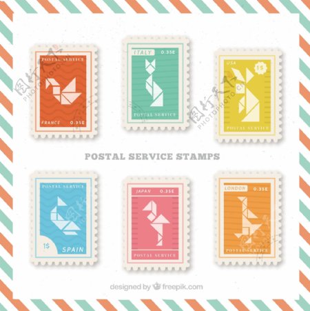 用折纸动物邮政邮票的形状