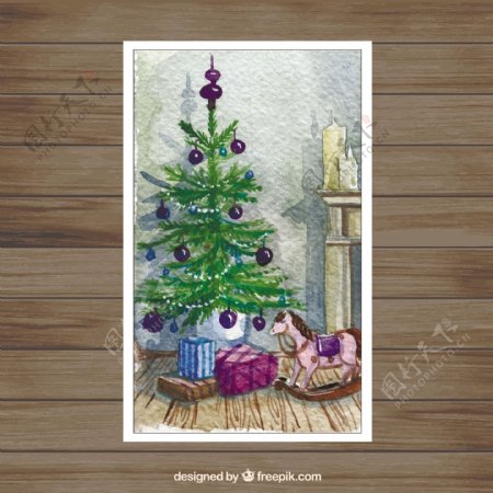 水彩风格的圣诞树卡片