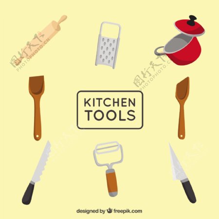 手绘扁平风格各种厨房用品厨具矢量素材