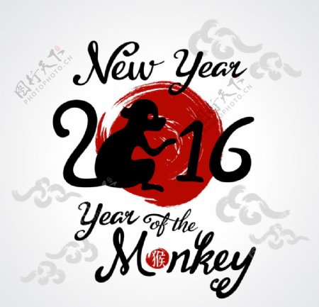 手画水墨2016猴子的新年